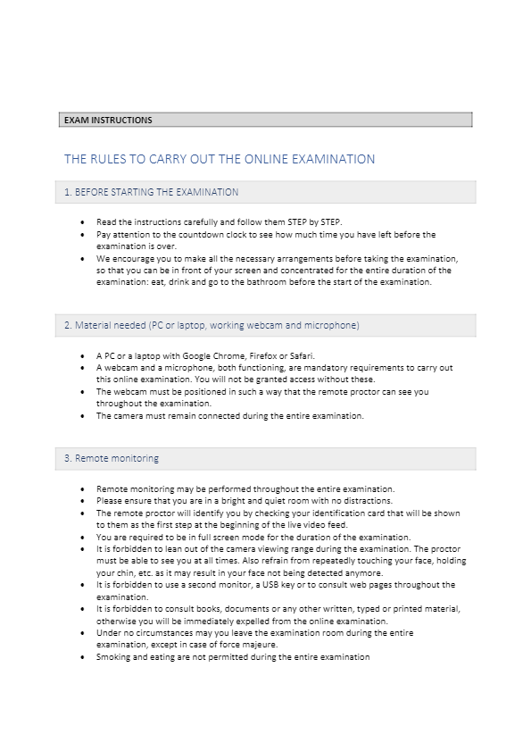 The rules to carry out the online examination