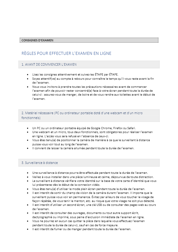 The rules to carry out the online examination FR v042022