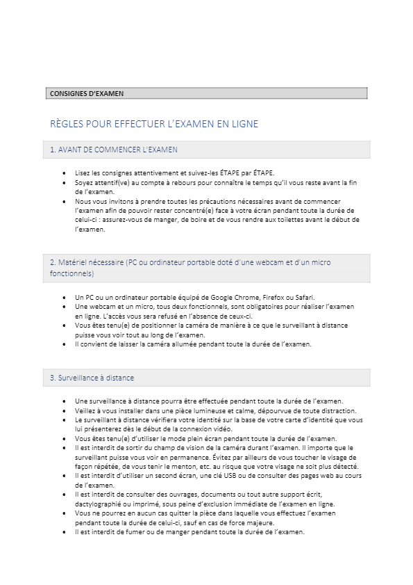 Règles pour effectuer l’examen en ligne