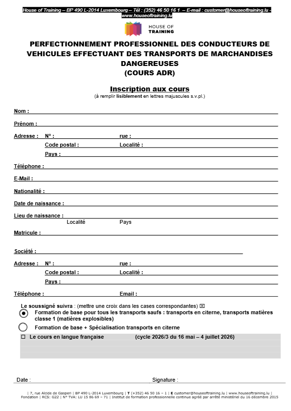 Perfectionnement professionnel des conducteurs de véhicules effectuant des transports de marchandises dangereuses (cours ADR)